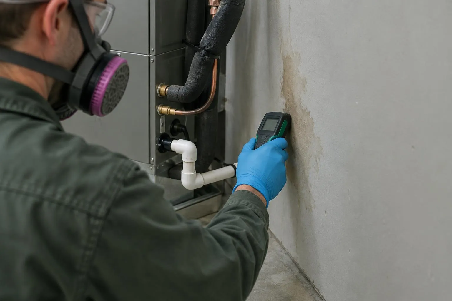 Gloved mold inspector checks moisture in stained drywall beside a basement HVAC unit and condensate drain.