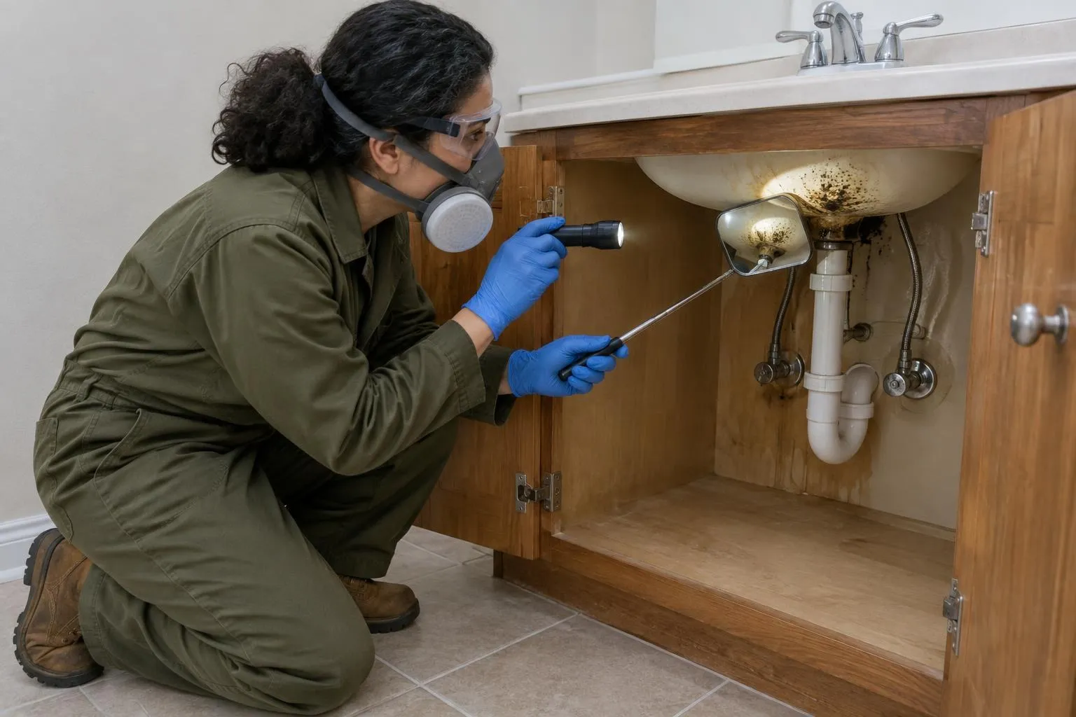 A mold inspector uses a flashlight and mirror to examine stained, speckled surfaces behind bathroom vanity plumbing.