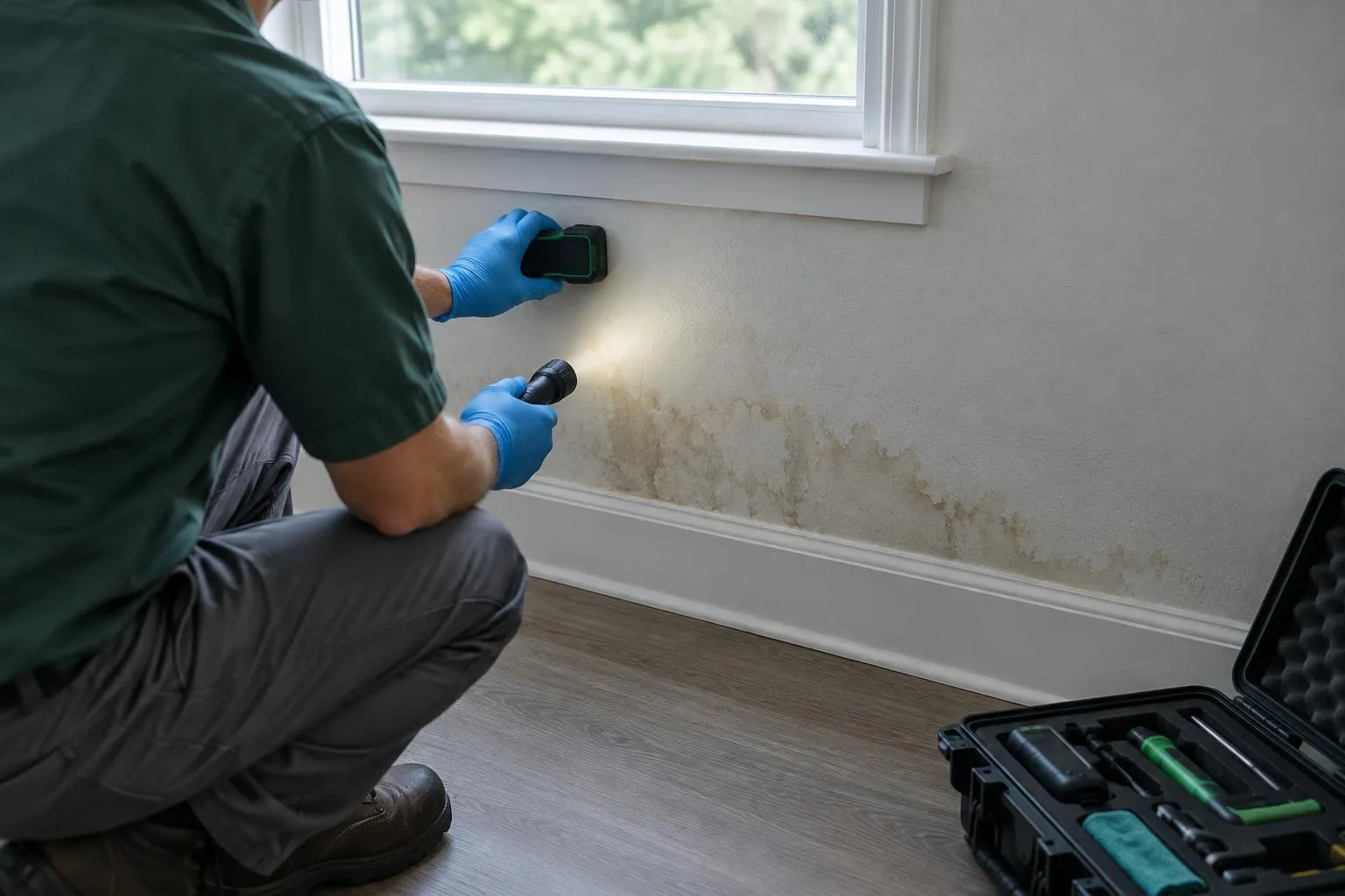 Gloved mold inspector checks a water-stained wall with a pinless moisture meter beneath a residential window.