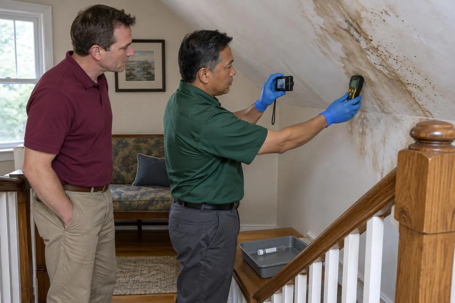 A homeowner watches an inspector photograph a moisture meter against roof-leak damage on an upstairs landing.