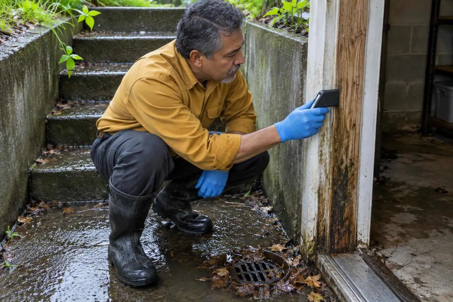 Mold inspector checks a stained basement doorjamb beside a rain-wet stairwell and leaf-blocked drain.