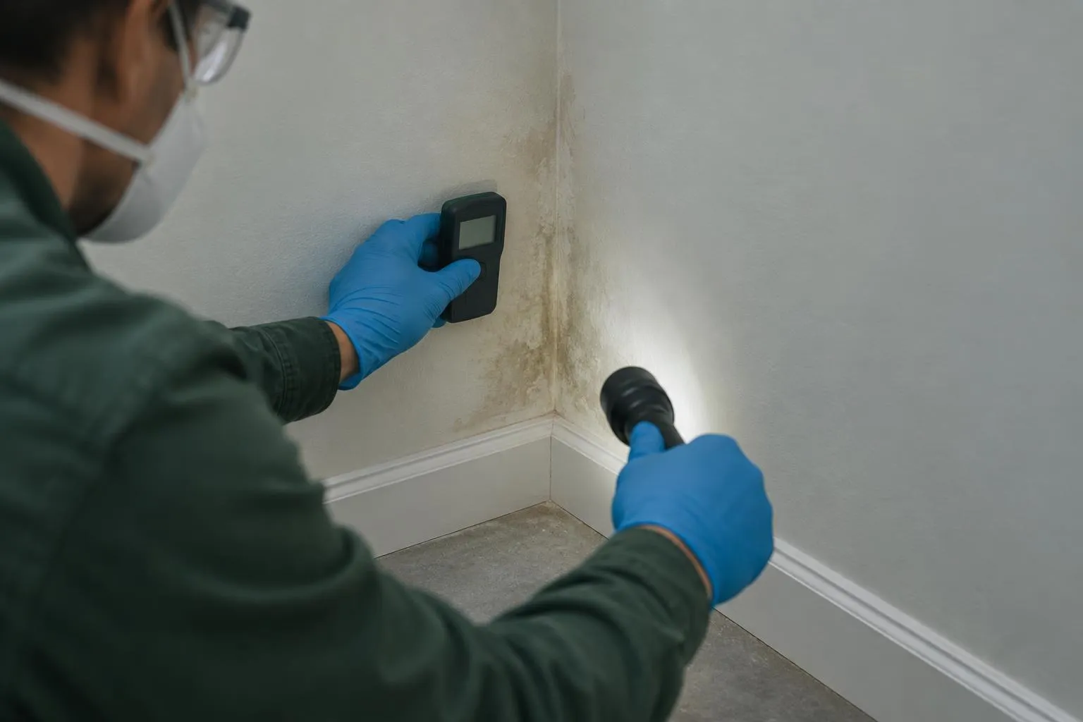 Inspector checks moisture beside a water-stained baseboard with a pinless meter and flashlight.